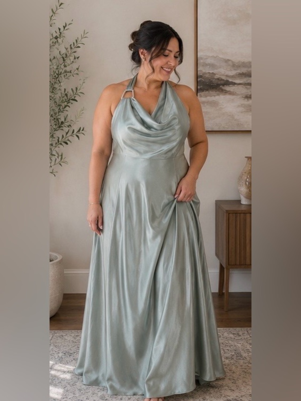 Morgan & Co. Lucia Draped Halter Celadon Sage Satin Open Back Embellished Dress